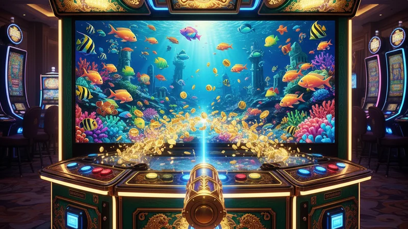 Asian arcade fishing game with colorful tropical fish and golden coins bursting on screen
