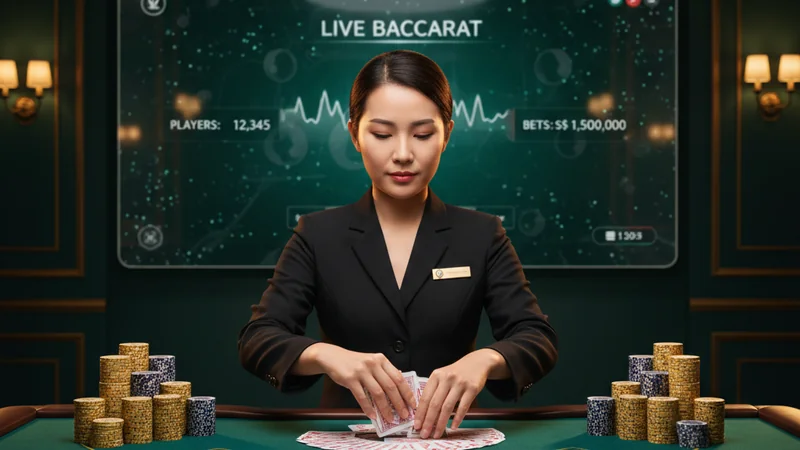 Live baccarat dealer at Maxim88 Singapore — professional Asian dealer at green felt table with golden chips