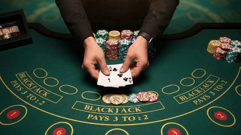 Live blackjack table at Maxim88 — overhead view of green felt with ace-king hand and golden casino chips
