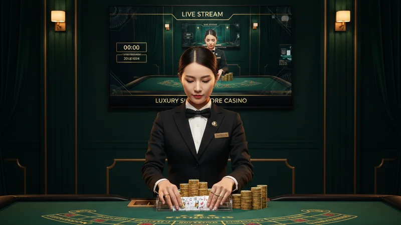 Professional live casino dealer at baccarat table in luxury Singapore casino studio