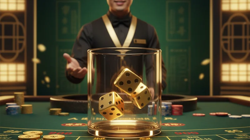 Live Sic Bo dice game at Maxim88 Singapore — three golden dice in glass shaker on casino felt table