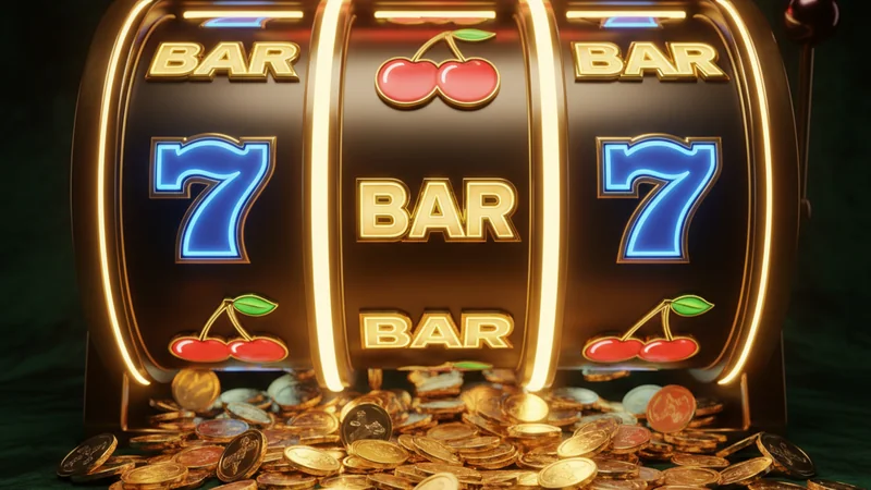 Vibrant slot machine reels mid-spin with golden BAR symbols and cascading coins