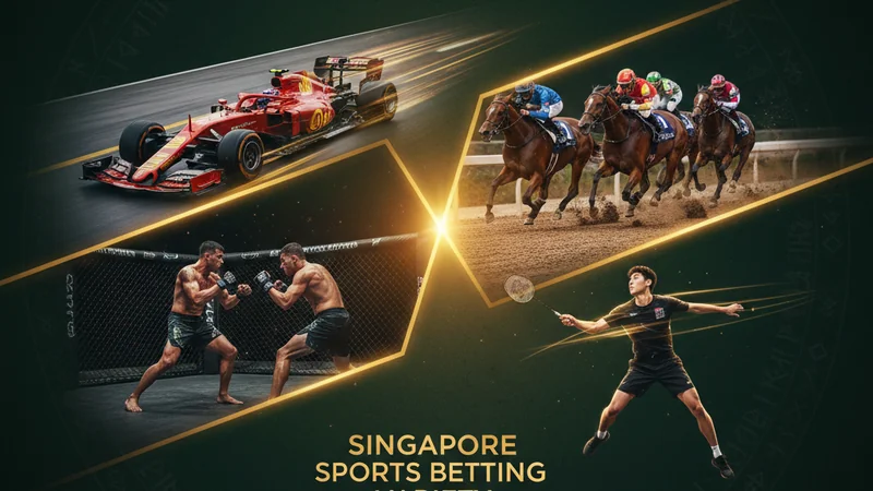 Other sports betting at Maxim88 Singapore — Formula 1, MMA, horse racing and badminton collage with golden glow