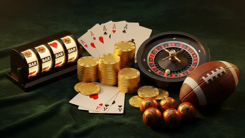 Premium Singapore online casino: golden poker chips, aces, roulette, glowing slots, lottery, and sports betting.
