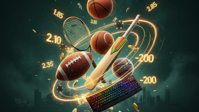 Sports betting collage: football, basketball, tennis, cricket, esports with golden odds