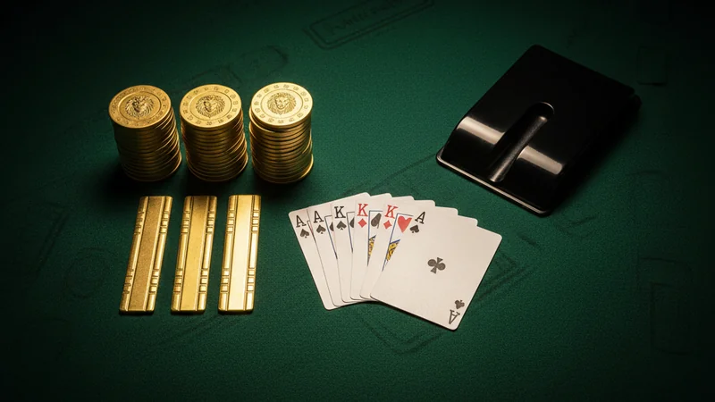 Blackjack table with golden casino chips and playing cards on green felt